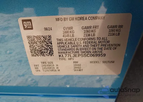 2025 Chevrolet Trax Fwd 2Rs z USA, uszkodzony, nr VIN KL77LJEP5SC069959